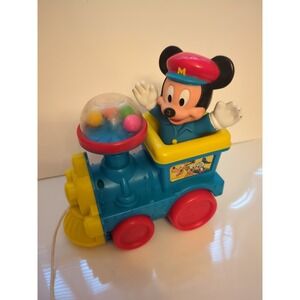 Disney Mickey Mouse Pull Along Train Popper Toy Conductor Blue Red Balls String
